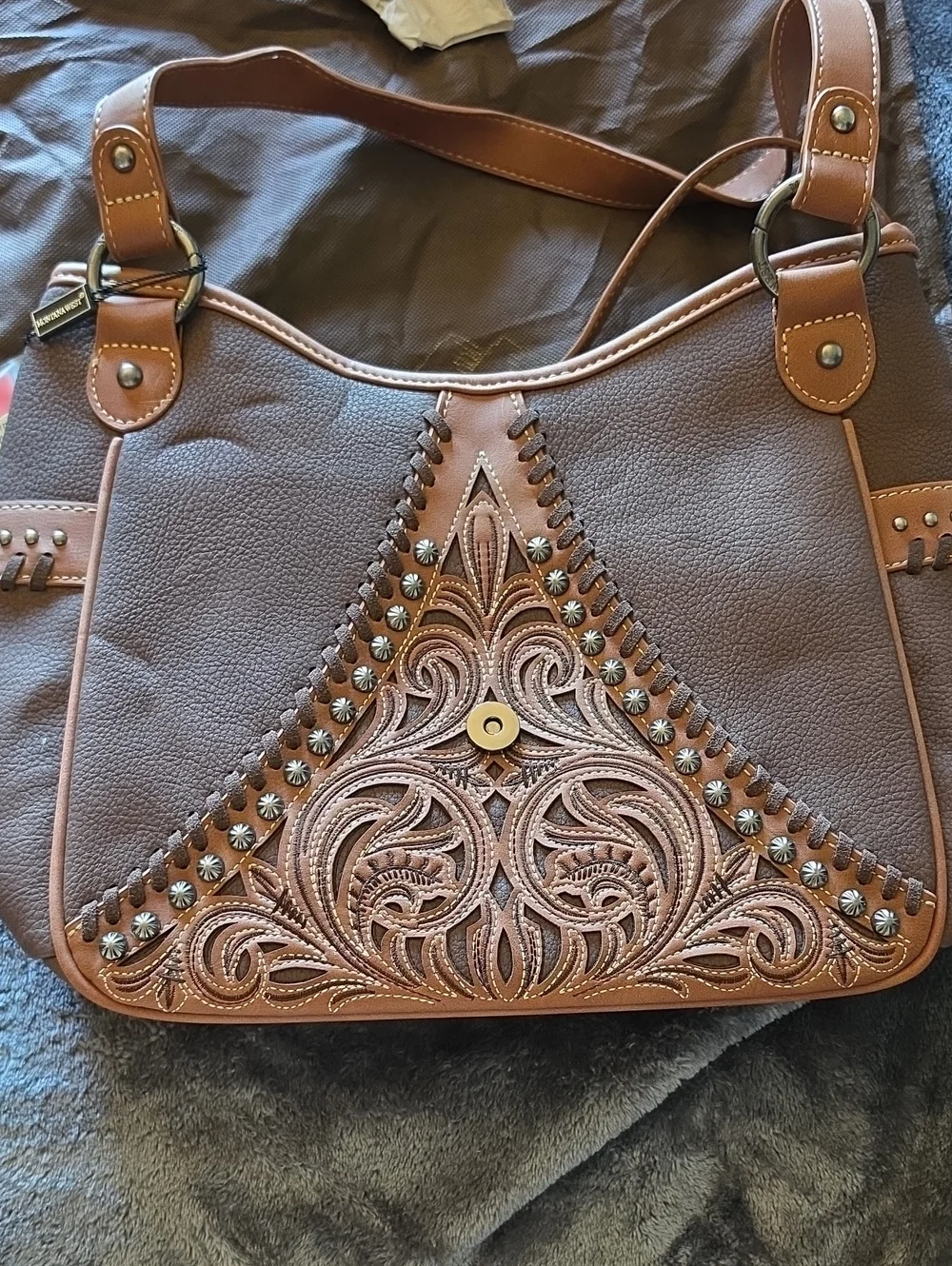 Women’s Brown Embossed Leather Tote Bag with Stud Detail